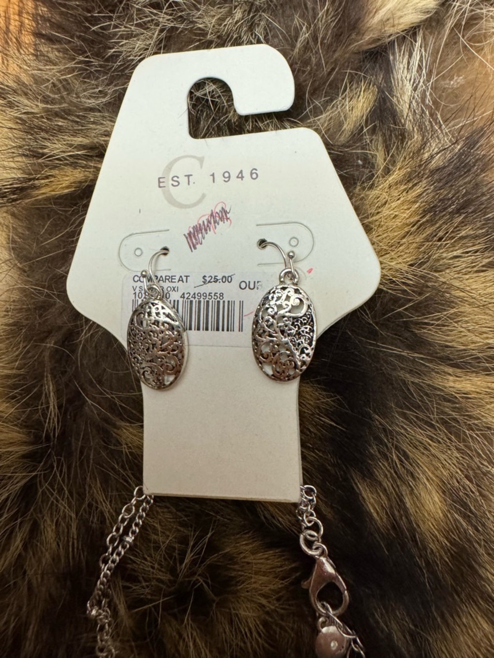 Silver Filigree Oval Drop Necklace - Elegant Silver Tone